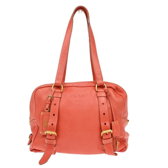 PRADA Logo Shoulder Tote Bag Leather Orange GHW Italy - Picture 1 of 16